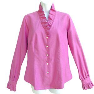 Brooks Brothers 346 Pink Blouse Button Up V Ruffle Neck Cuff Long Sleeve Career